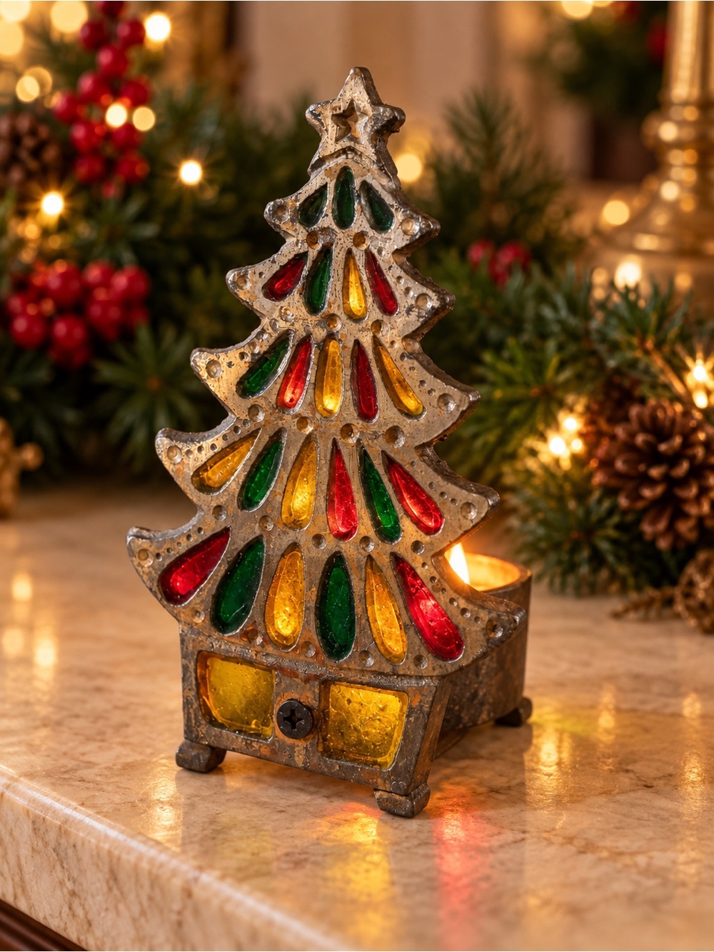6โ Vintage Christmas Tree Votive Candle Holder โ Metal & Colorful Glass
